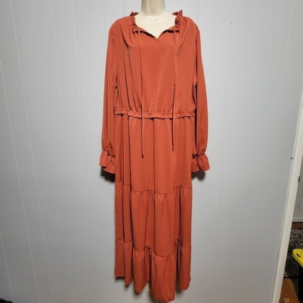 Kirundo Womens Rust Orange Tiered Maxi Dress Long Sleeve Ruffle Neck XL NWT